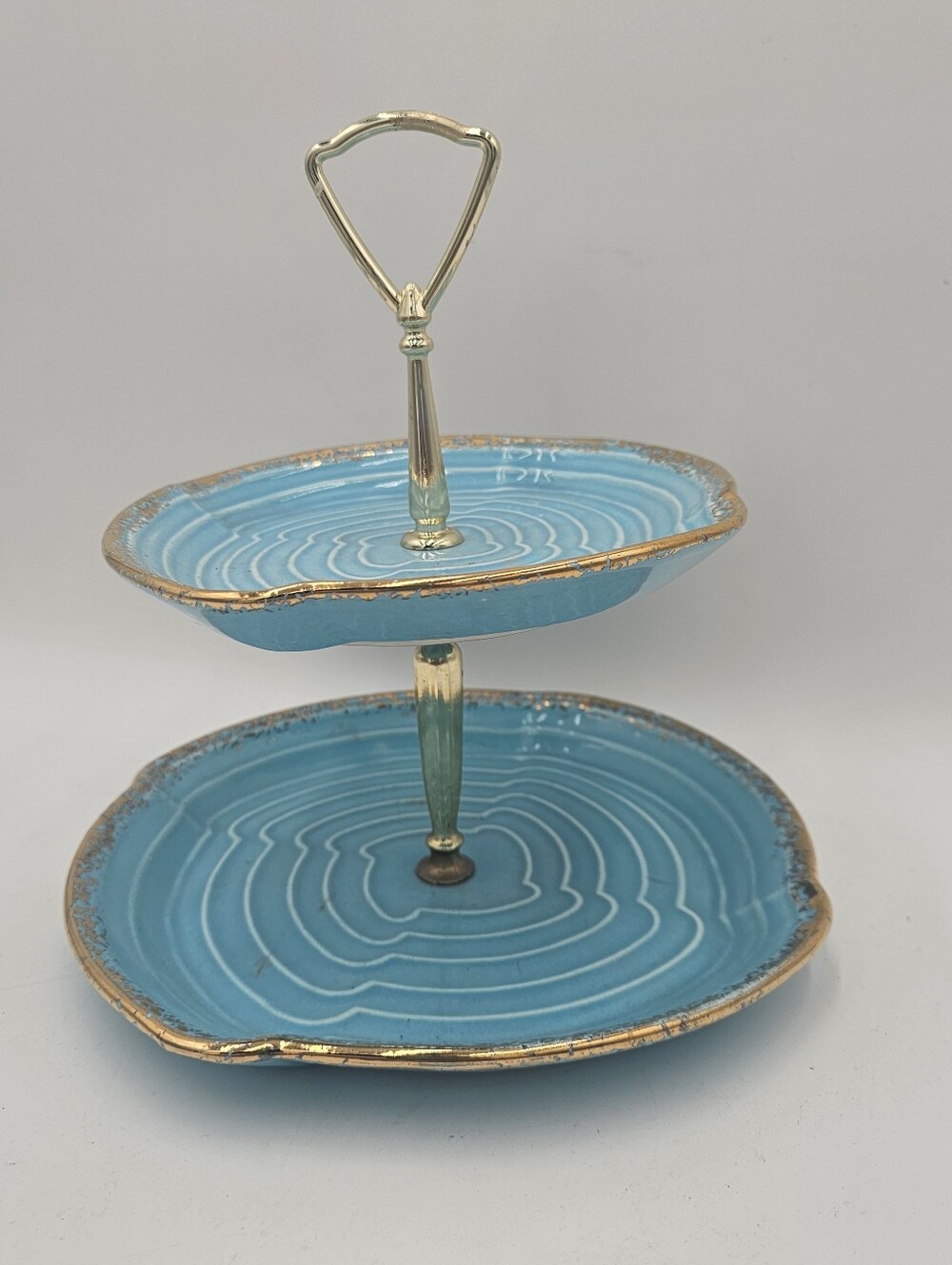 Vintage California Pottery Turquoise 2‑Tier Tidbit Tray — Gold Trim — Mid‑Centur